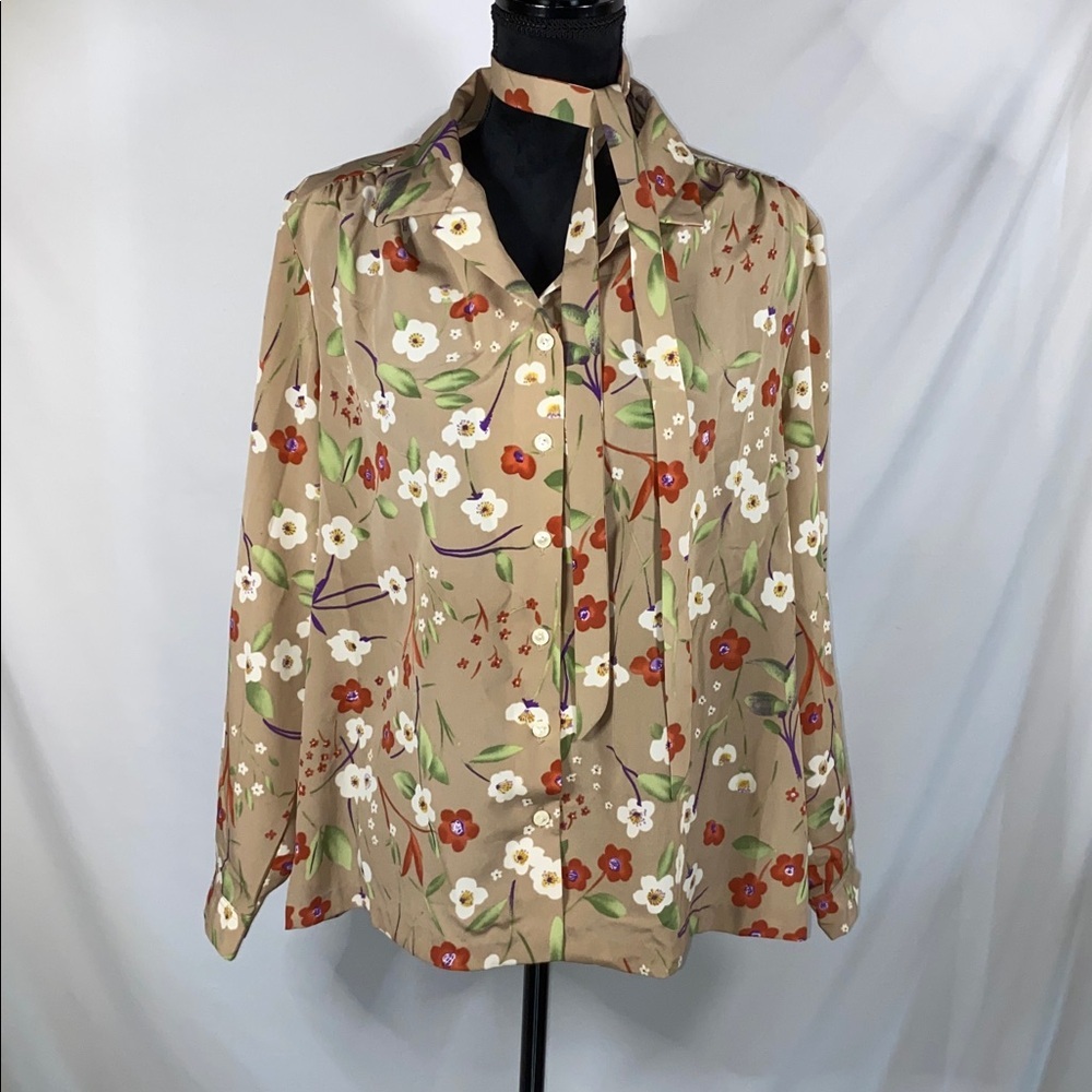 Vintage 1970s Frayne Floral Tie Neck Secretary Blouse L/XL – Made in USA